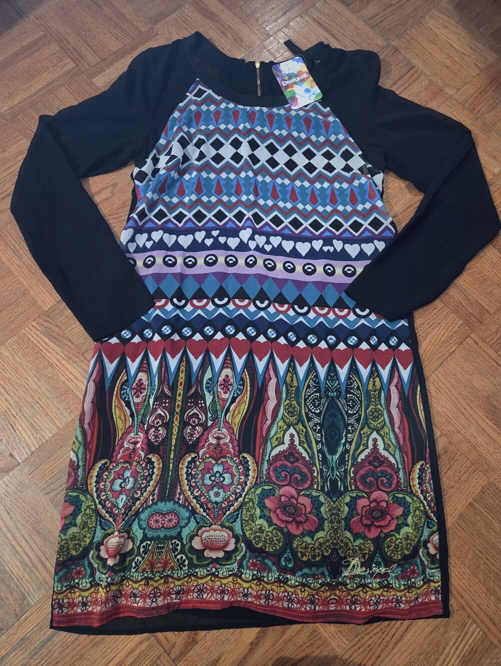 Desigual Black-Sleeve Multicolor Printed Midi Dress